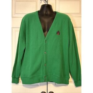 Vintage Izod Cardigan Sweater Green V-Neck Crest Logo Acrylic 1990's Preppy XL